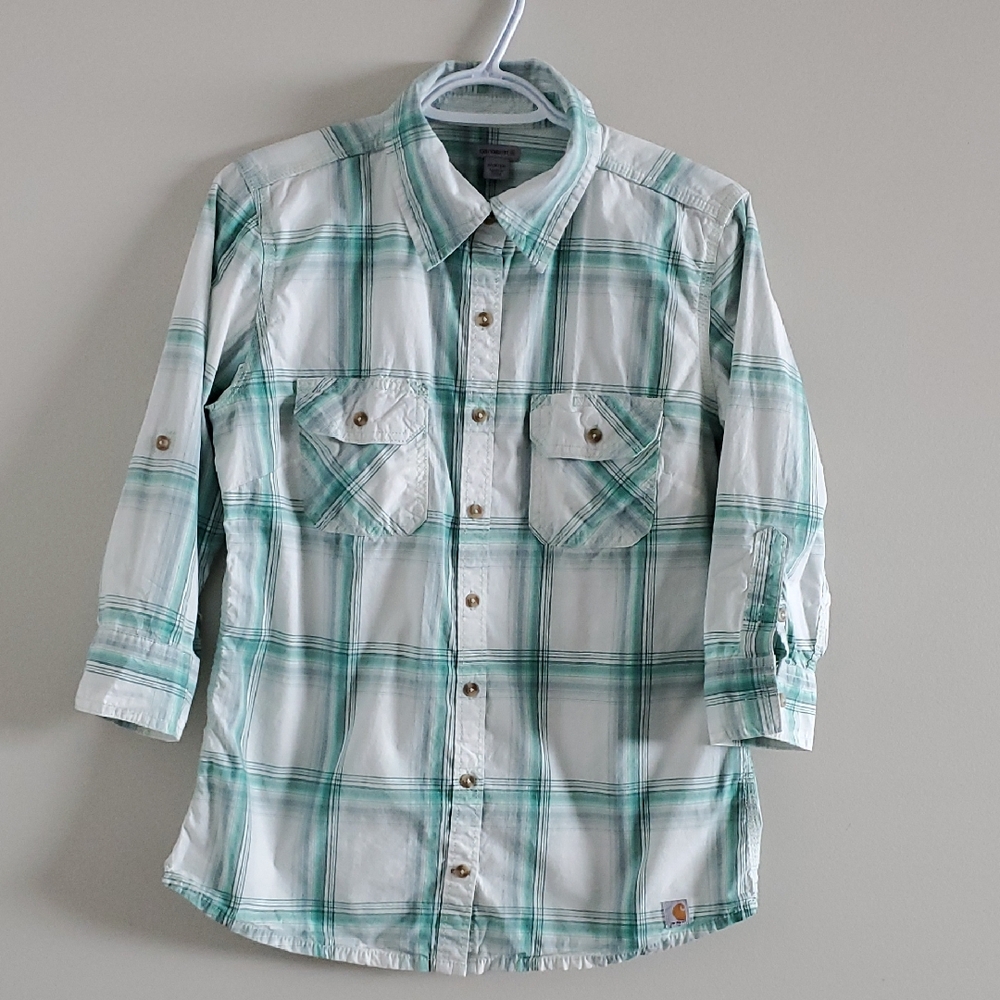 Carhartt Women's White and Green Plaid Button Down 3/4 Sleeves Shirt Size M